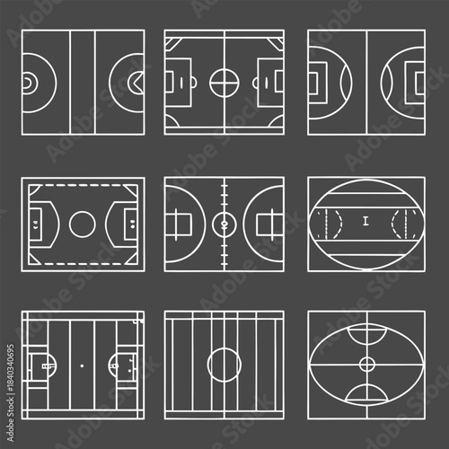 Nine white outlined sports fields including basketball soccer and football on a gray background