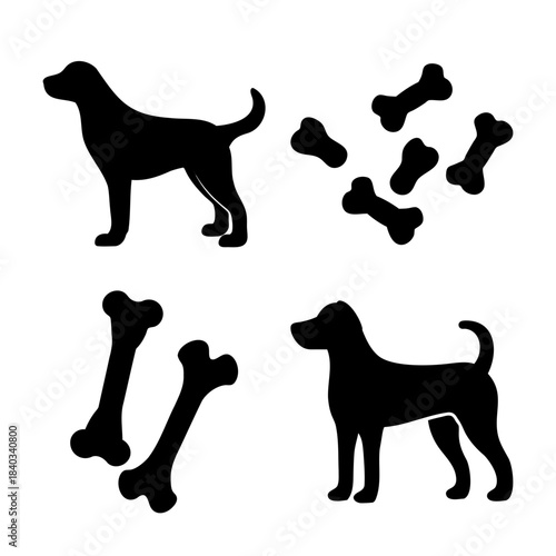 Dog and bone silhouettes, pet care and animal icon collection Vector