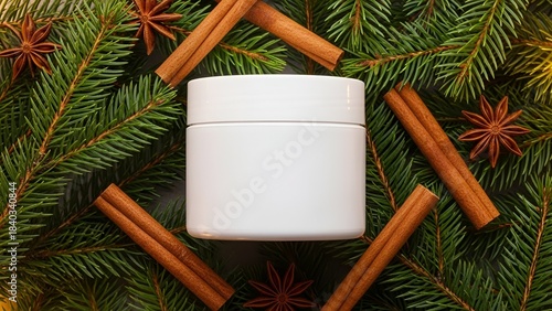 White cosmetic jar with winter spices and pine branches, festive skincare mockup