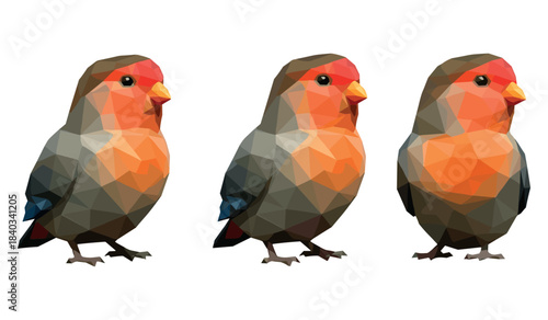 Three low poly birds with orange beaks and geometric patterns