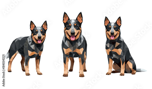 Geometric illustrations of australian cattle dogs in various poses