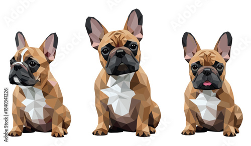 Polygonal art of three brown french bulldogs in different poses on white background