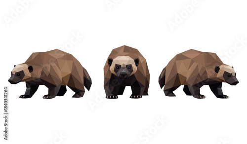 Geometric wolverines: three low-poly brown wolverines
