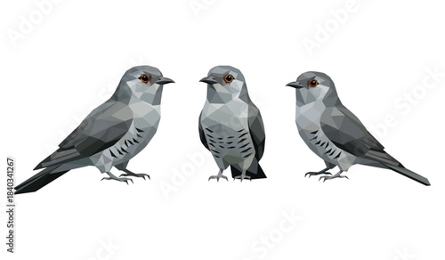 Polygonal art of three gray birds facing forward on white background