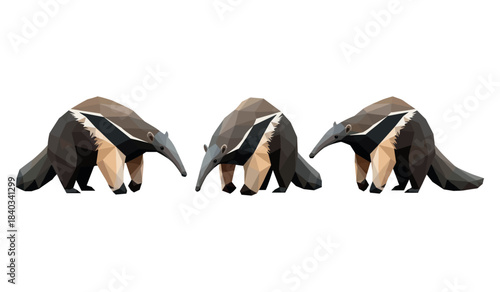 Polygonal anteaters with geometric patterns on white background