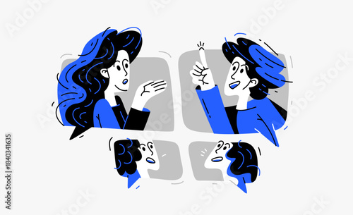 Team of young people having a discussion or brainstorm online, vector illustration of internet seminar webinar with a coach, or leader with team of employees having work communication.