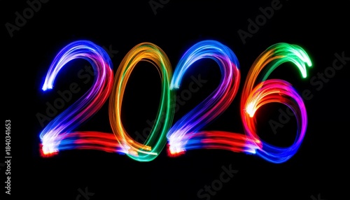 2026 Neon type vibrant color light on black background Fireworks illuminated Holiday celebration banner