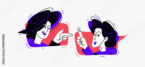 Couple of young people having conversation online via messenger, vector illustration of two people arguing and having communication, debate online speech boxes.