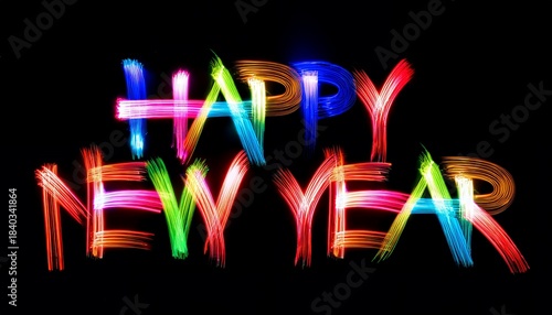 Happy new year Neon type vibrant color light on black background illuminated Holiday celebration banner
