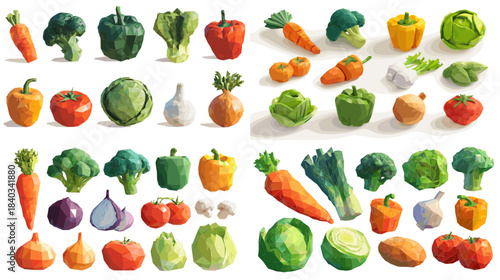 Vibrant vegetable illustrations including broccoli peppers carrots cabbage garlic and tomatoes created in textured artistic style ideal for recipe design market graphics and healthy food themes.