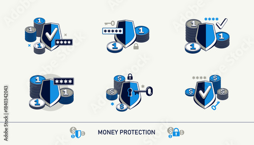 Financial safety vector detailed icons set, shield and money composition, secured bank account, safe private finances.