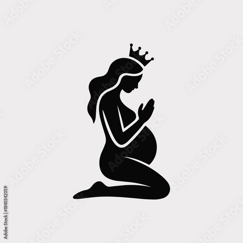 Pregnant woman wearing a crown kneeling in prayer silhouette icon