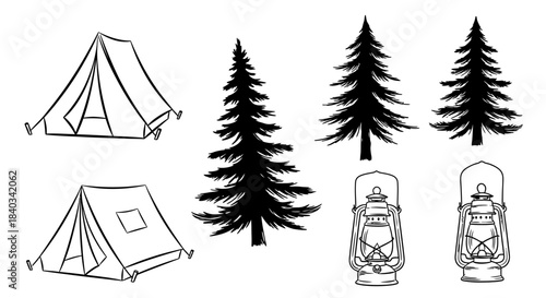 Camping essentials illustration featuring tents trees and lanterns for outdoor adventures.