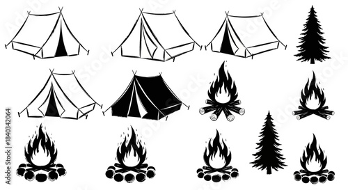Camping equipment vector icon set with tents fires and trees.