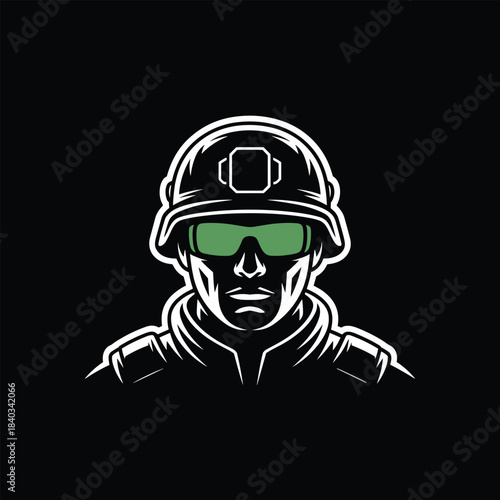 Illustration of a soldier wearing a helmet and green sunglasses