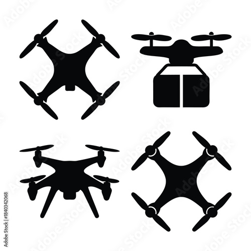 Quadcopter drone vector icons, delivery and aerial surveillance Vector