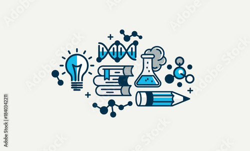 Science vector detailed icon, molecules and atoms laboratory experiment, book university study, flask and tube experiment.