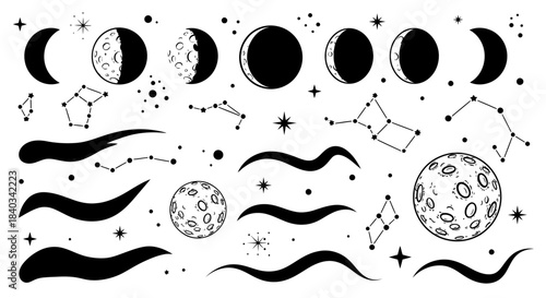 Celestial Phases of the Moon and Constellations with Stars and Planets.