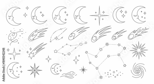 Celestial Elements - Moon Phases, Stars, and Constellations in Line Art.