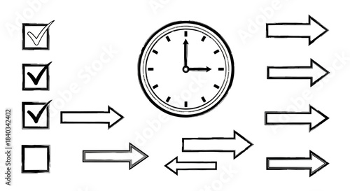 Clock and Checkboxes Illustrate Time Management and Task Completion.