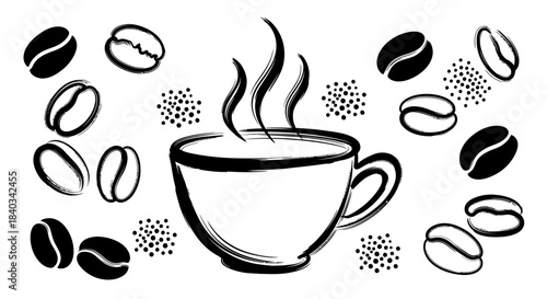 Coffee cup illustration with coffee beans and steam.