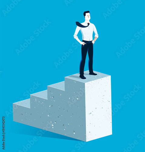 Businessman standing on top stairs vector illustration, success and career progress concept, leadership ambitions, gorgeous handsome business man.