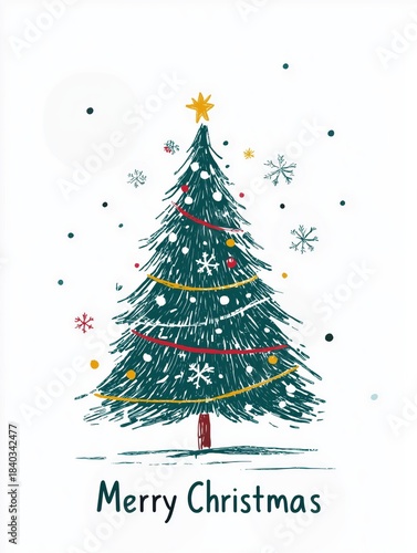 Christmas tree drawing with merry christmas text