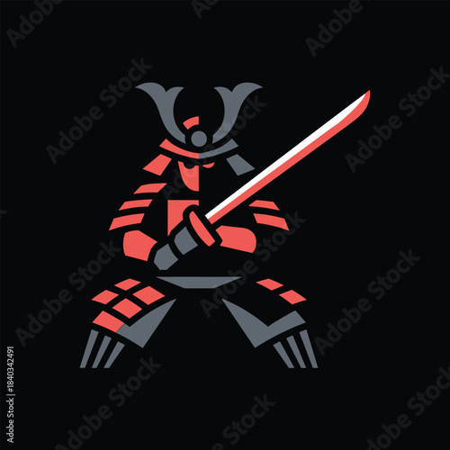 A red and gray samurai warrior holding a sword in a fighting stance