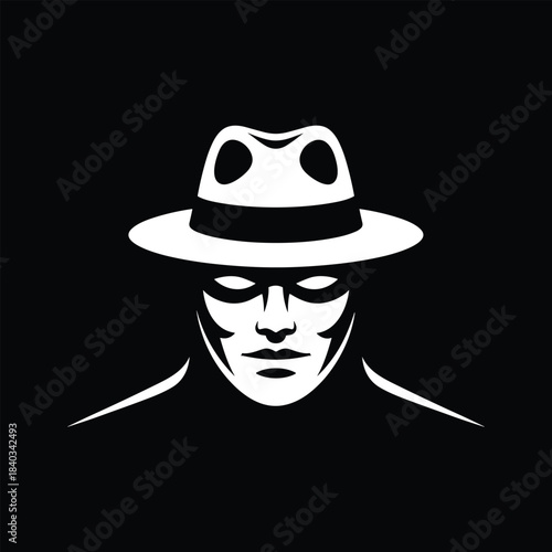 Black and white illustration of a mysterious man wearing a hat and mask