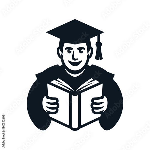 Graduate student wearing cap and gown reading book happily