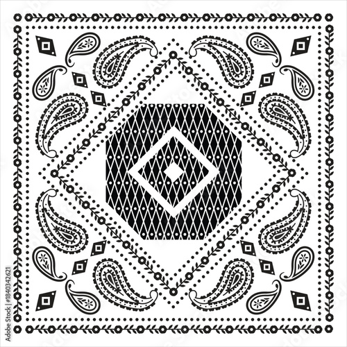 Intricate black and white paisley bandana pattern with detailed symmetrical design
