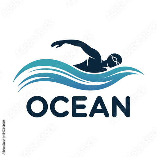 Ocean logo with swimmer silhouette on wave