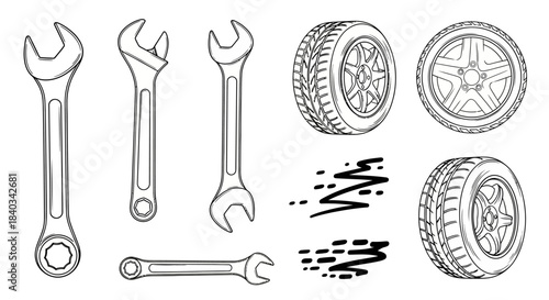 Collection of Automotive Tools and Tires for Repair and Maintenance.