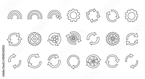 Collection of Circular Arrows and Gear Icons in Outline Style.