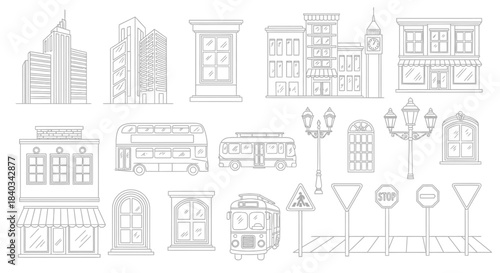 Collection of City Elements and Buildings in Sketch Style.