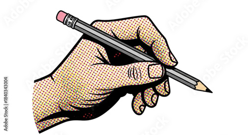 Hand holding graphite pencil in pop art style with halftone pattern  