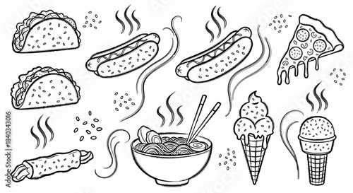 Collection of Delicious Fast Food Items and Desserts Hand Drawn Style.