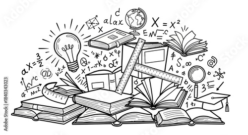 Collection of Educational Books and Scientific Symbols Illustrating Knowledge and Learning.