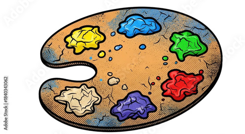 Artist palette with colorful paint flecks on neutral background  