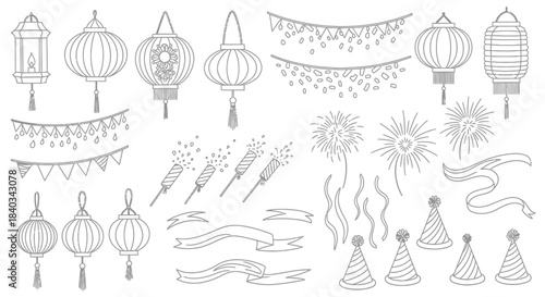 Collection of Festive Party Decorations and Lanterns Hand Drawn Style.