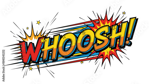 Vibrant comic style WHOOSH wording explosion design element on white