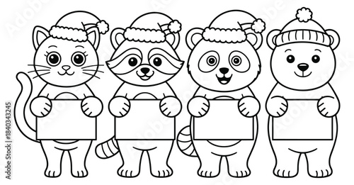 Cute Christmas Animal Line Art Set, Holiday Coloring Page Illustration, Santa Hat Characters With Blank Signs