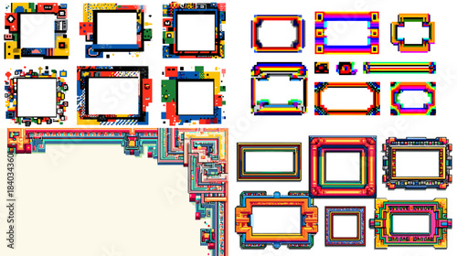 A vibrant collection of colorful geometric frames inspired by digital circuits and futuristic design ideal for posters, gaming graphics, tech branding, and modern digital compositions.