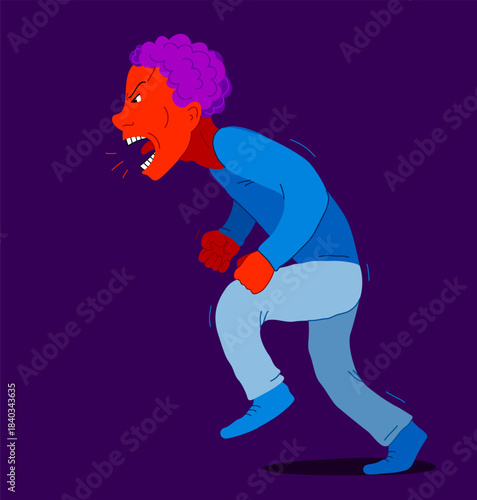 Aggressive man psychological abuser vector illustration, scream and shout quarrel with violent clenched fists, domestic violence and abuse, alcoholism bad behavior, psychopath manipulator.