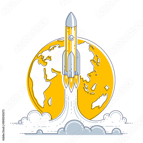 Rocket launch over planet earth into undiscovered space. Explore universe, breathtaking space science. Thin line 3d vector illustration isolated on white.