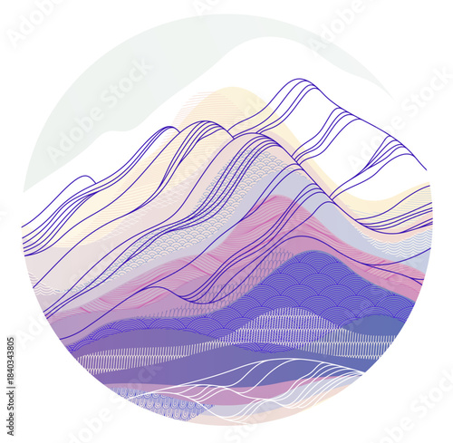 Nature art oriental Japanese style vector abstract background in a shape of circle, runny like water shapes and lines with textures.
