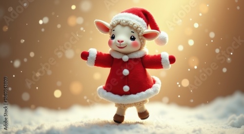 Small toy sheep wearing a santa claus outfit