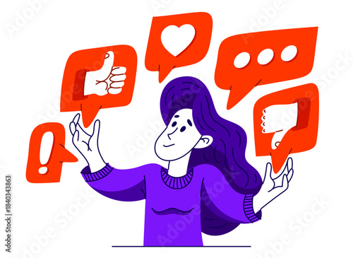 Young woman is choosing between different reactions in social media, vector illustration of a person in doubt between different responses when communicating online.