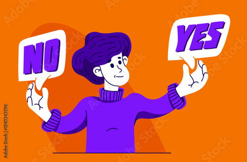 Young man having a doubt and question, vector illustration of a person who is hesitating and thinking about some problem, decide uncertainty.