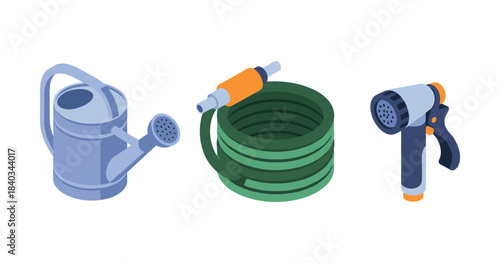 Watering tools set: blue watering can, green garden hose, adjustable spray nozzle